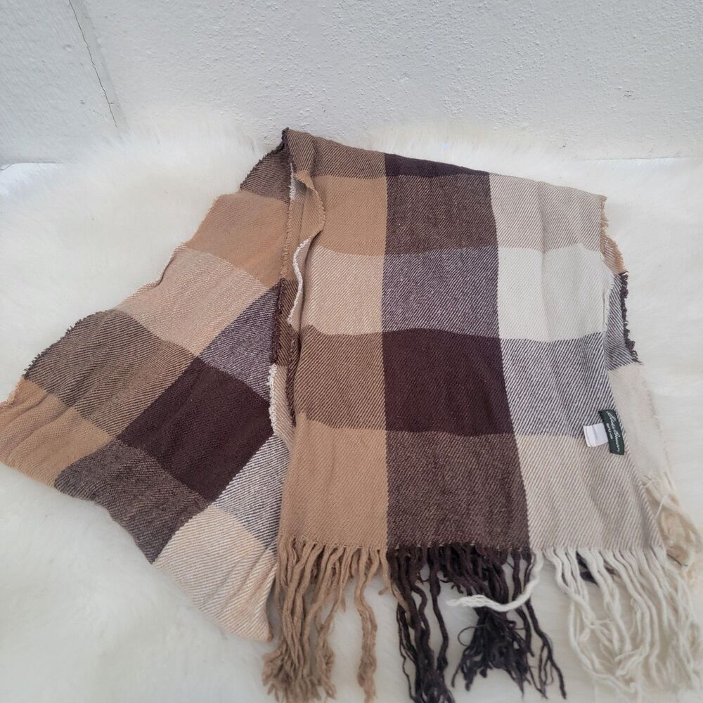 64x12 Eddie Bauer Scarf BROWN PLAID Acrylic FRINGE Rectangle